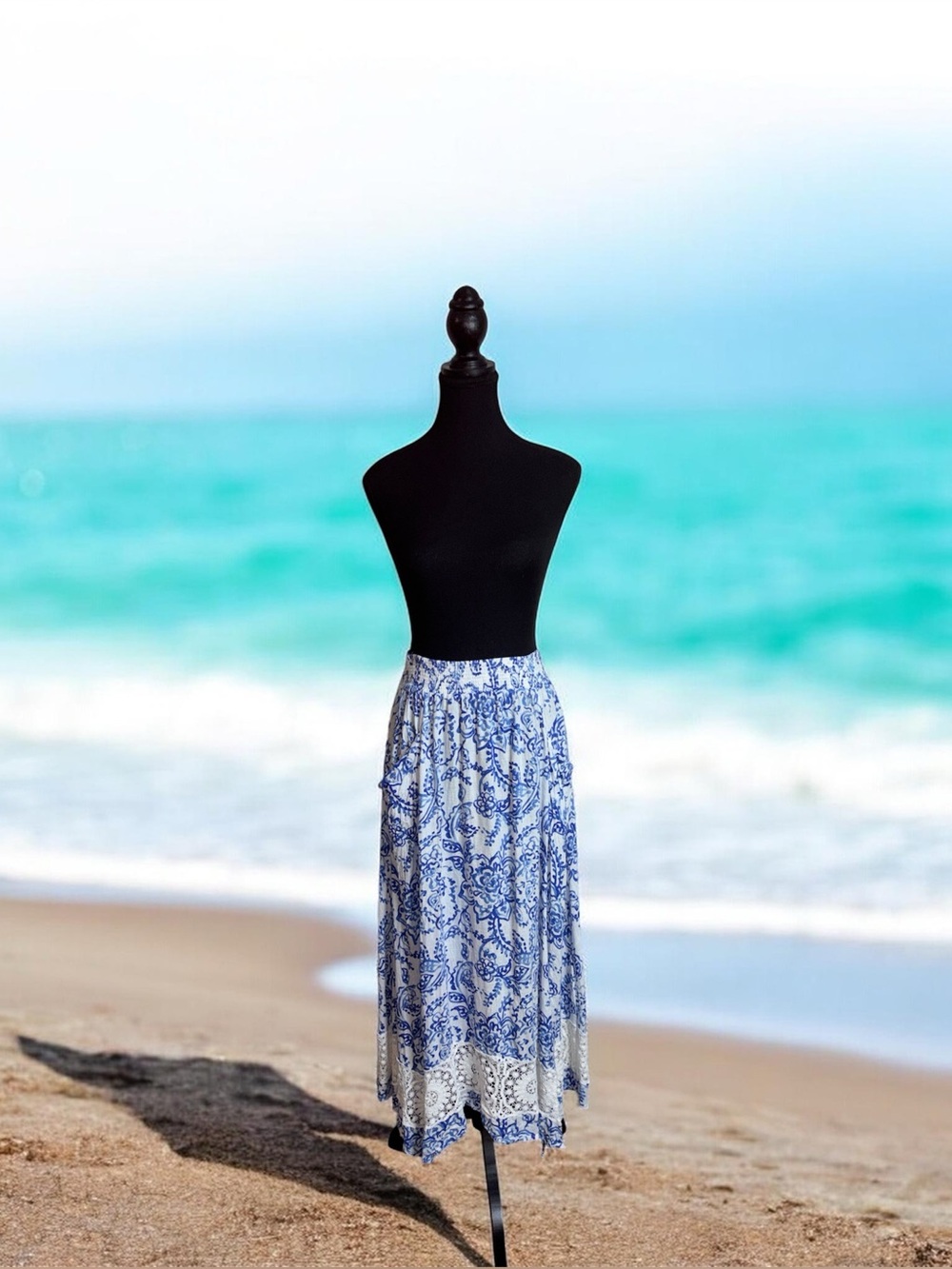 Caroline Constas Blue & White Floral Lace-Hem Maxi Skirt Slits Cottagecore Boho